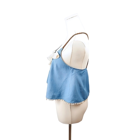 Double Zero Blue Ruffle Cropped Tank Top Braided Straps Size S Denim - Picture 3 of 4